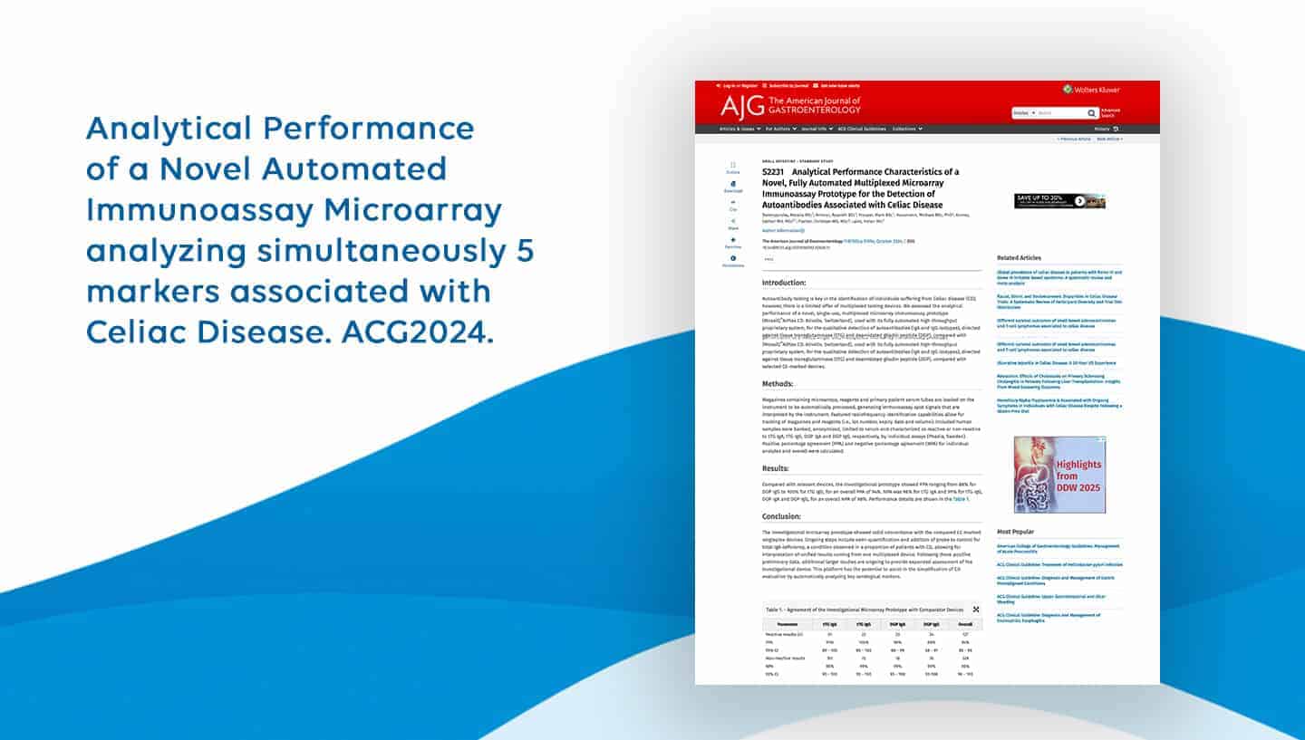 Analytical Performance of a Novel Automated Immunoassay Microarray analyzing simultaneously 5 markers associated with Celiac Disease. ACG2024.