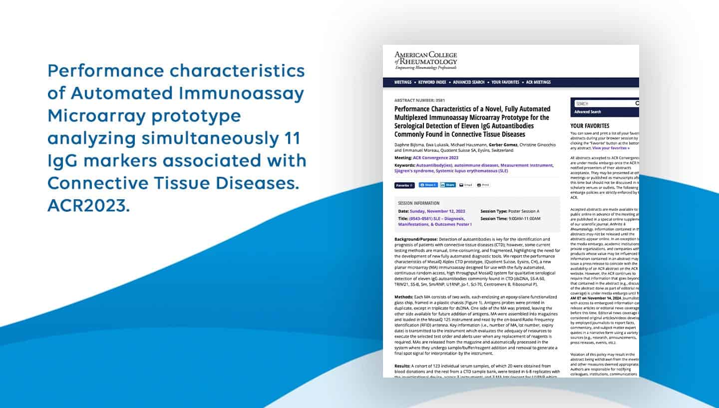 Performance characteristics of Automated Immunoassay Microarray prototype analyzing simultaneously 11 IgG markers associated with Connective Tissue Diseases. ACR2023.