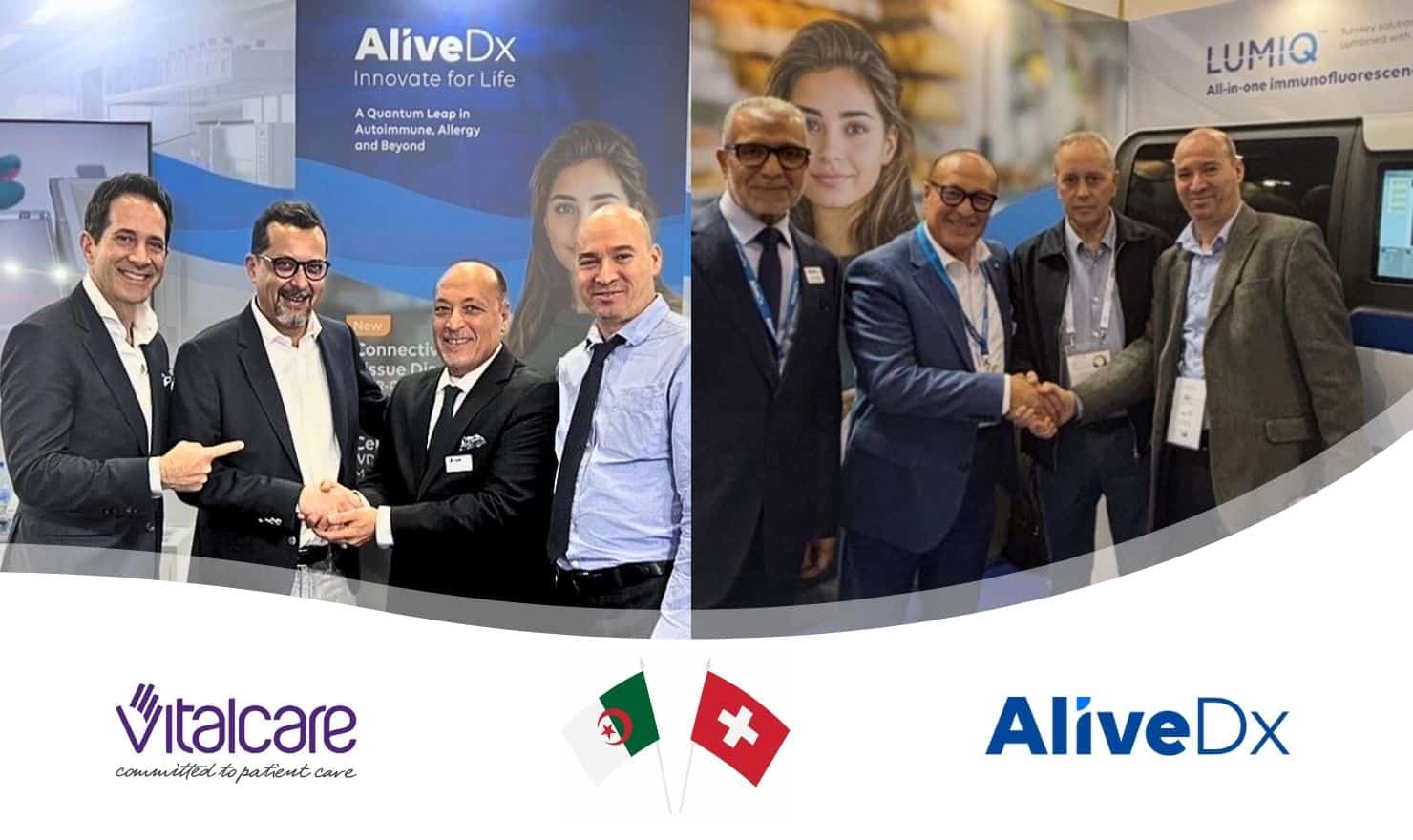 AliveDx and Vital Care shake hands on a new partnership.