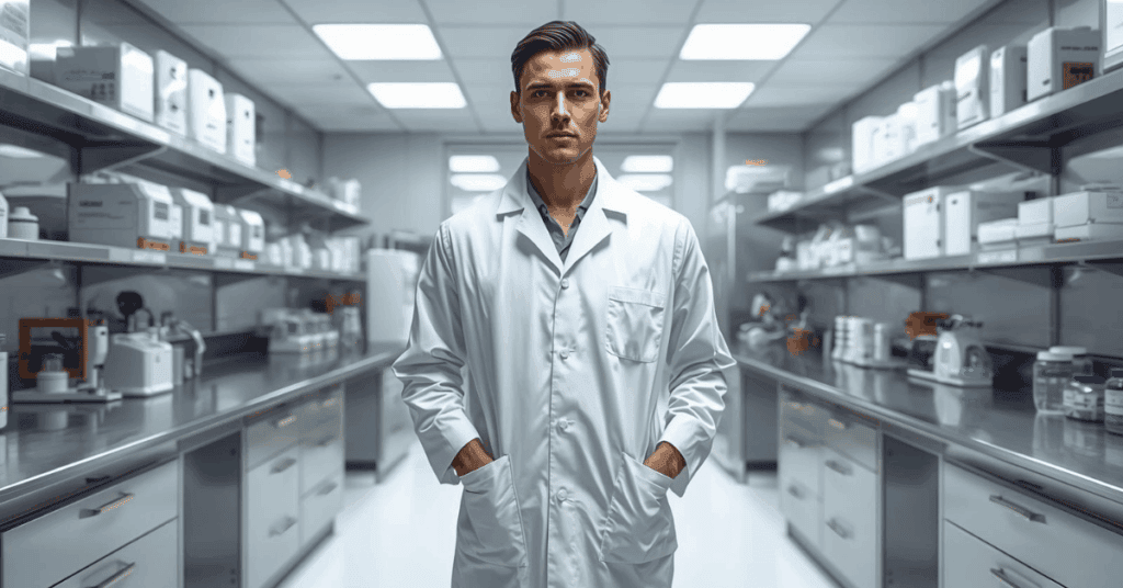 A man dressed in lab coat, looking straight ahead while stood in a clinical lab setting.